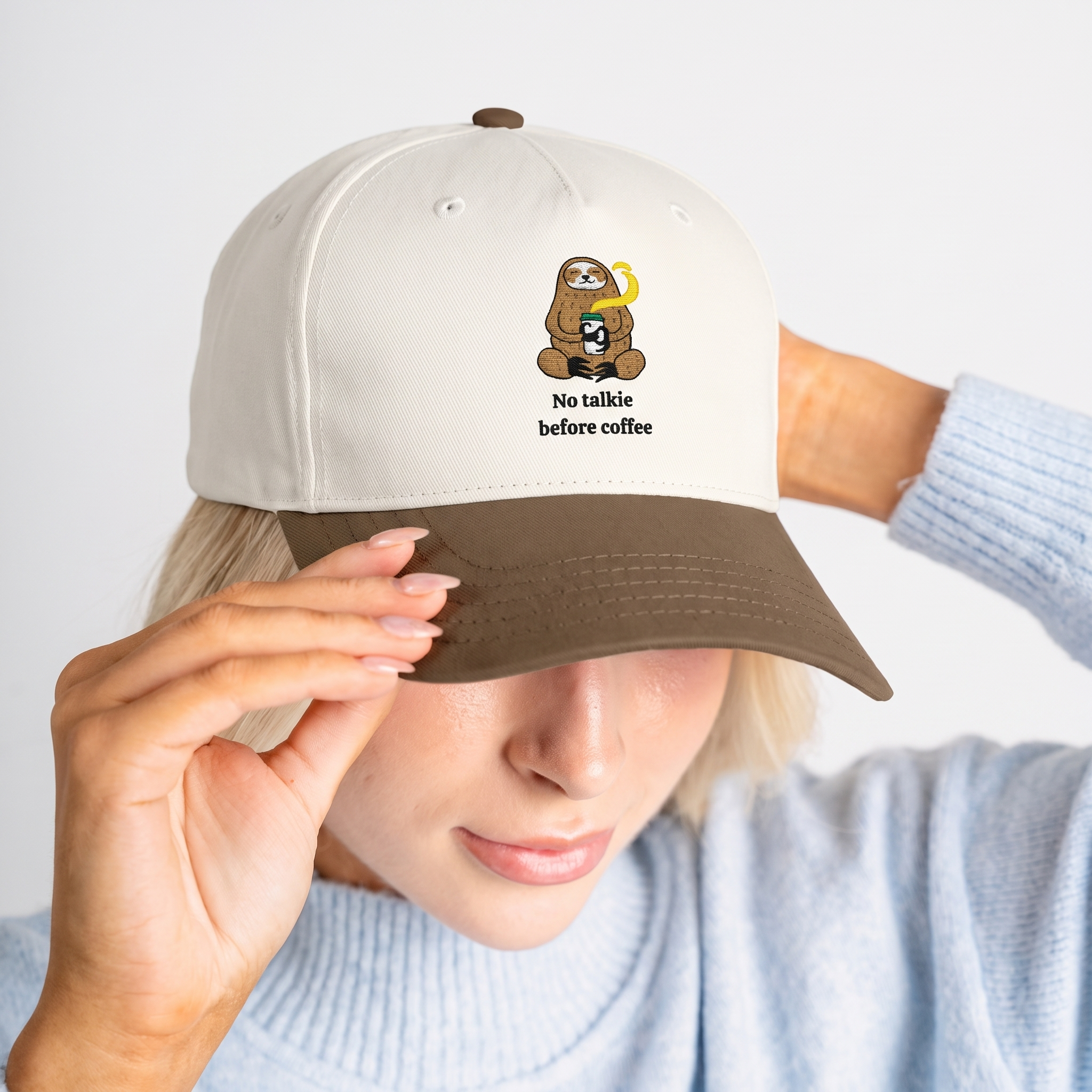 No Talkie Before Coffee Sloth Embroidered Two-Tone Hat